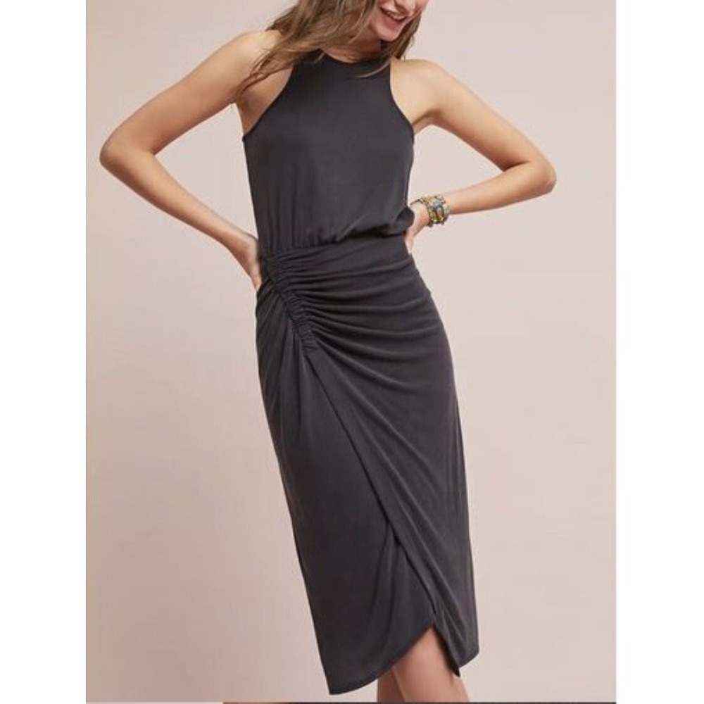 Anthropologie Moulinette Soeurs Gray Gathered Ruched Jersey Midi Dress Sz L